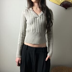 y2k vintage beige minimalist chunky cable knit v neck fitted cropped sweater